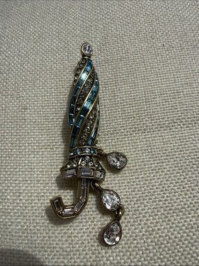 Heidi Daus Teal and Clear Crystal Umbrella Brooch